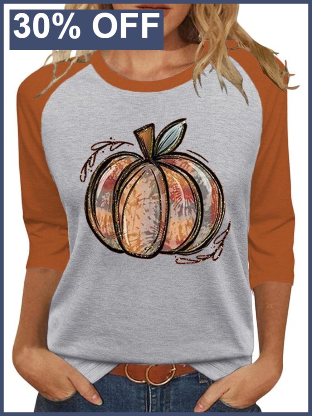 Women's Holiday 3/4 Sleeve T-Shirts Halloween Thanksgiving Christmas